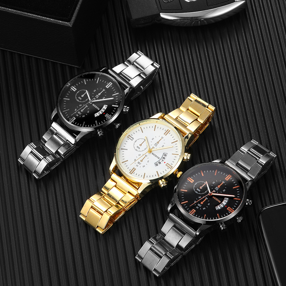 Stainless steel band watches men's cross-border three eyes large window calendar men's watches wholesale