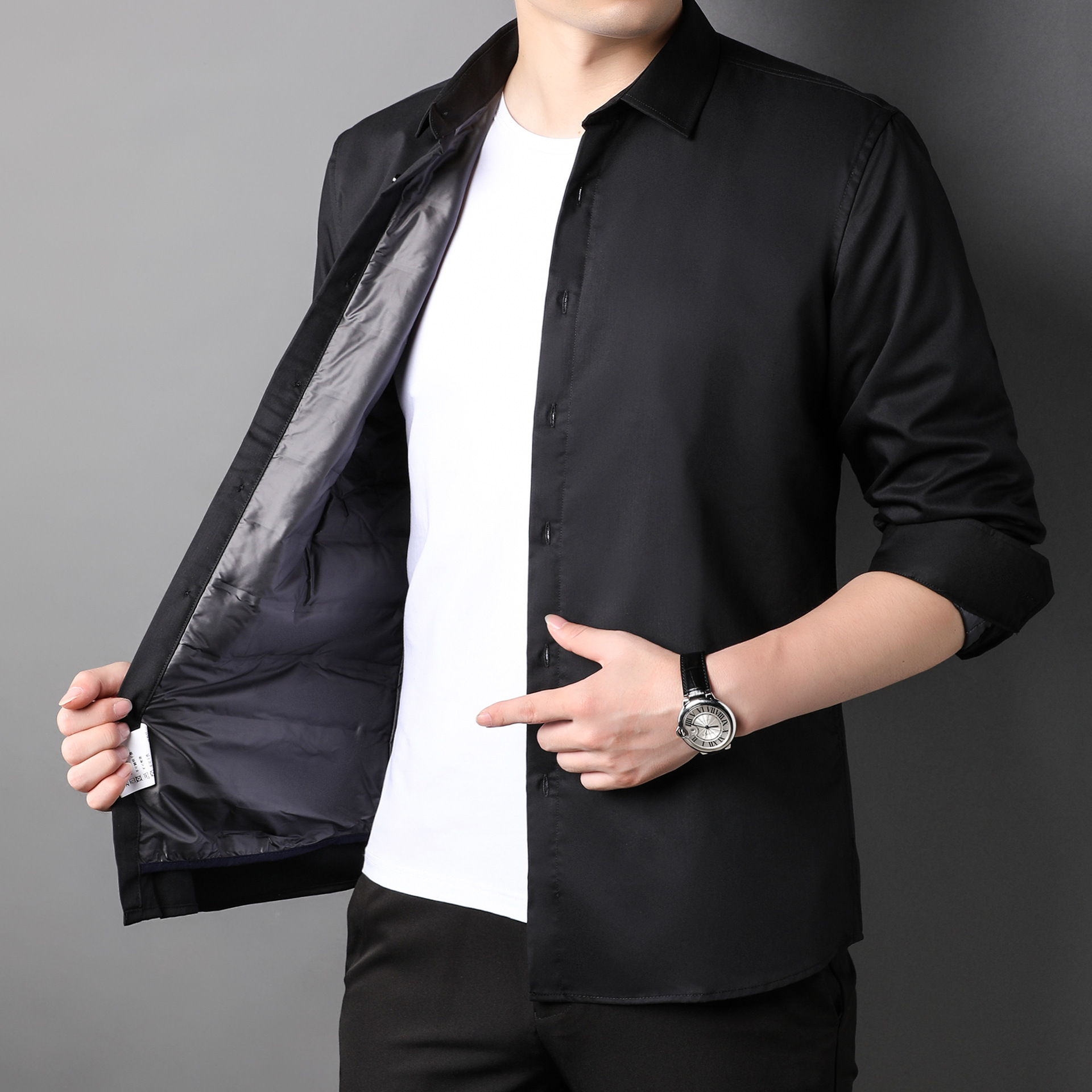 Autumn and winter new white duck down warm shirt men's fleece and thick shirt men's formal casual men's business long sleeves