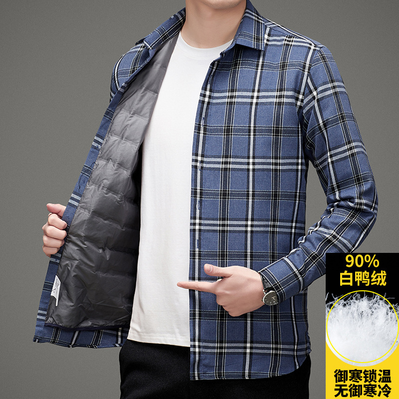 White eiderdown lightweight warm down shirt men's middle - aged long - sleeve plaid shirt with velvet and thick winter lining