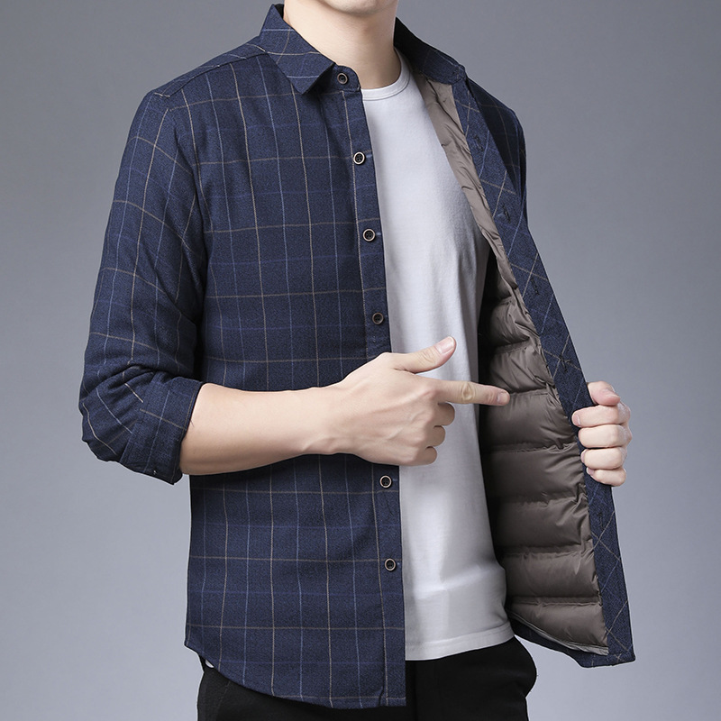 Men's long-sleeved down shirt winter warm shirt plaid velvet thick middle-aged dad cold coat men