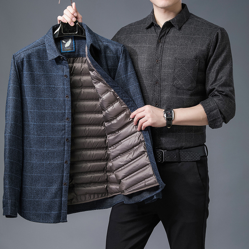 Men's down shirt winter warm white duck down shirt plaid velvet thick middle-aged dad cold coat men