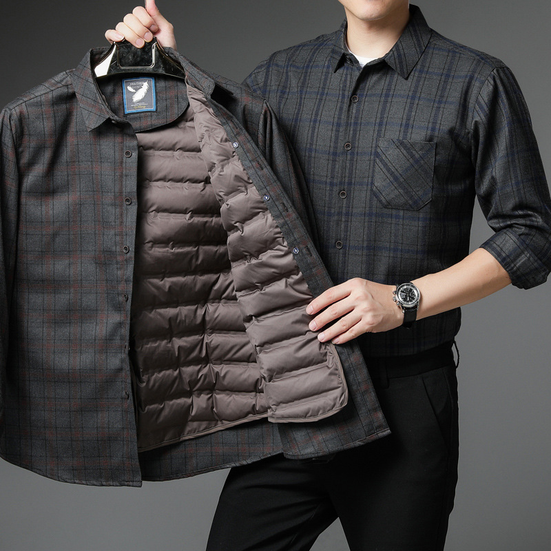 Factory shop men's down shirt winter warm shirt plaid velvet thick middle-aged dad cotton white duck down inch