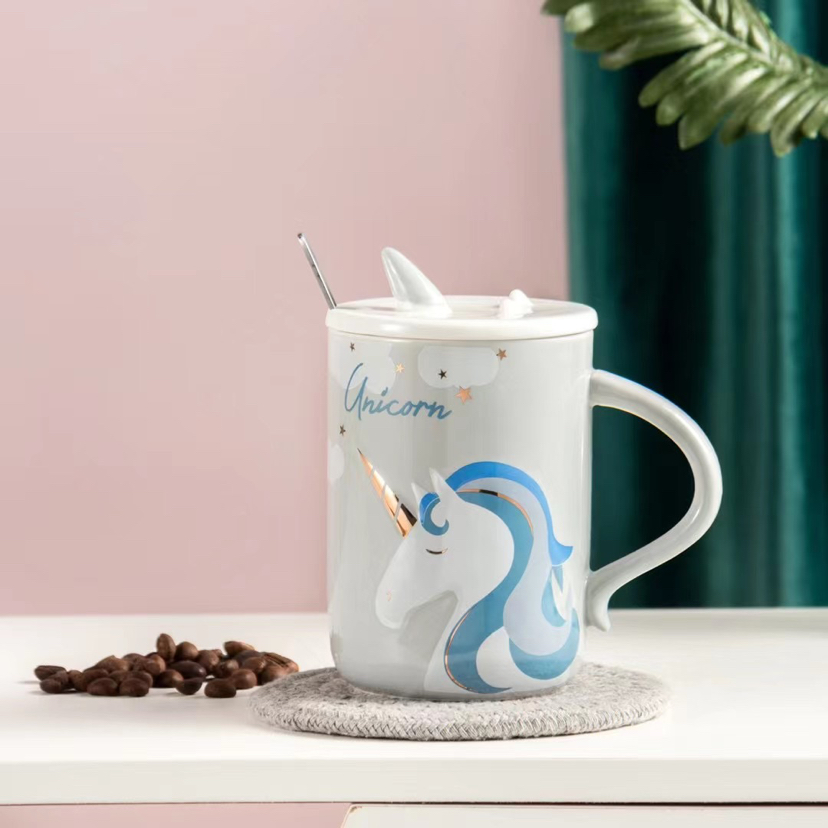 Creative fantasy unicorn ceramic mug with lid and spoon coffee mug cartoon mug water mug