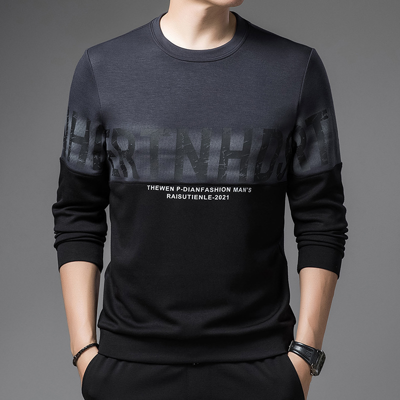 202 New round collar hoodie men's spring and autumn Korean fashion printed long sleeve T-shirt men's high-end shirt