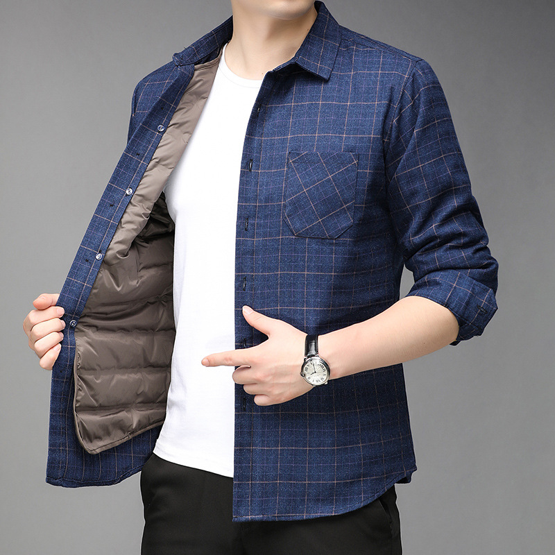 Factory shop can remove men's down shirt plaid thick plush winter new middle-aged warm cotton shirt inch