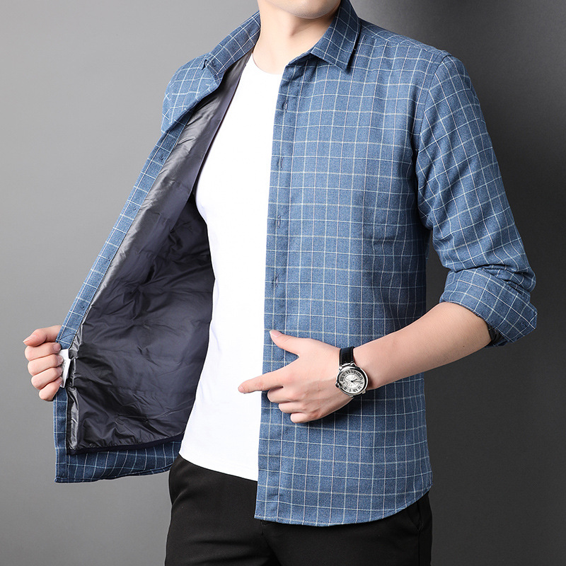 Autumn and winter new white duck down warm shirt men's middle-aged down long sleeve checked shirt with velvet and thick lining