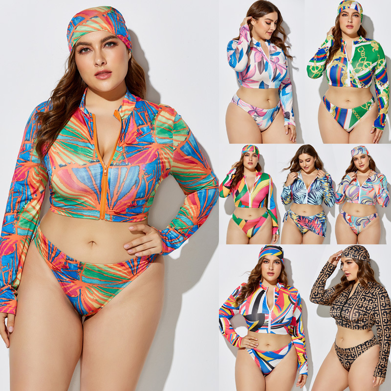 A new sexy printed bikini, plus-size, two-piece swimsuit set with a head and waist tie and a triangular scarf from Europe and America