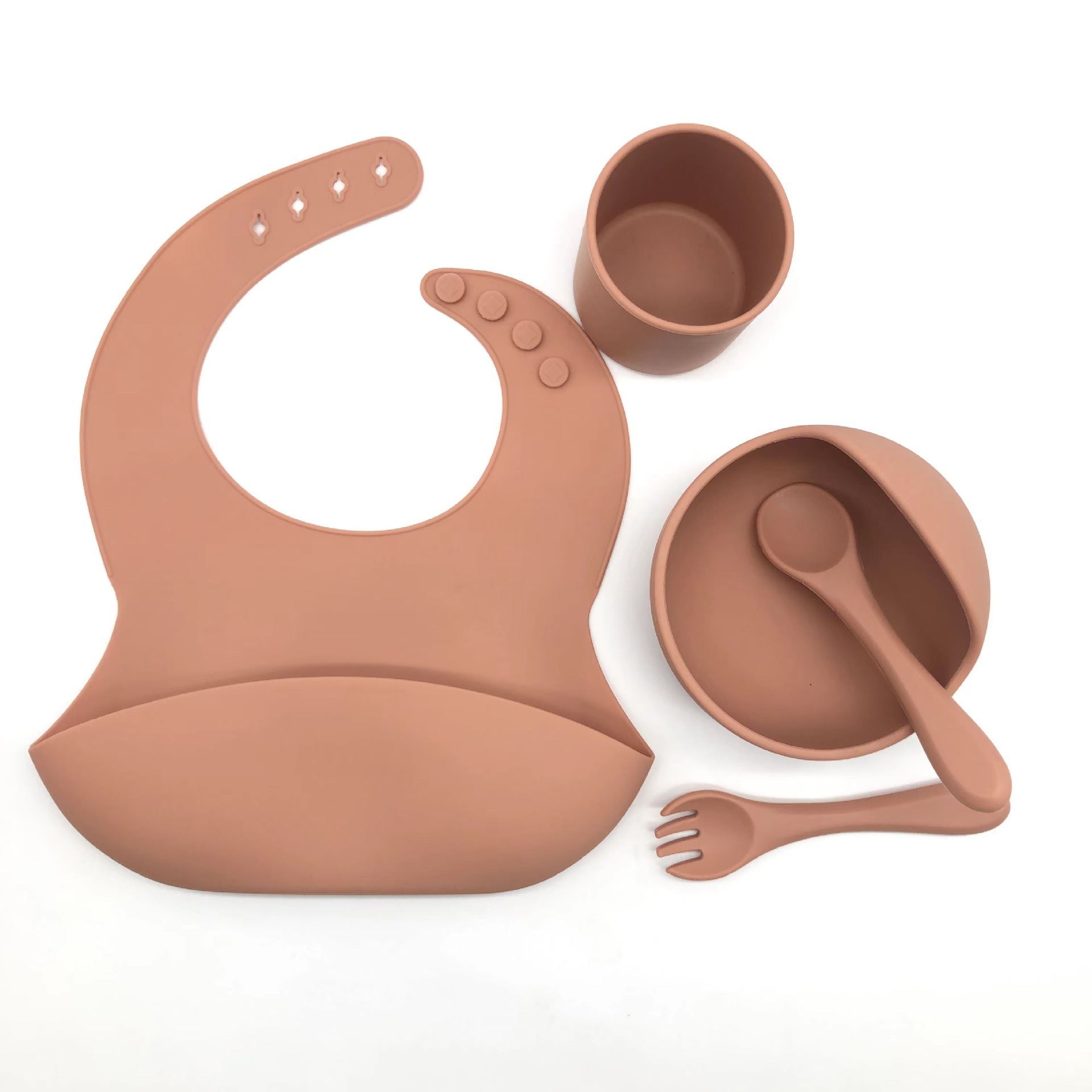 Wholesale food-grade silicone baby sets, tableware, bibs, round bowls, spoons, forks with suction cups, baby bowls Application Scenario