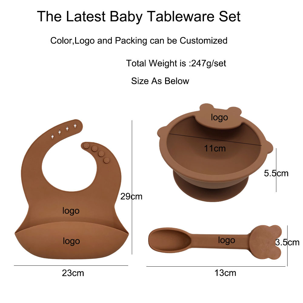 Baby silicone bowl set, infant and toddler products, three-piece feeding and drooling bib set, easy-to-clean bib for infants and toddlers Item Picture