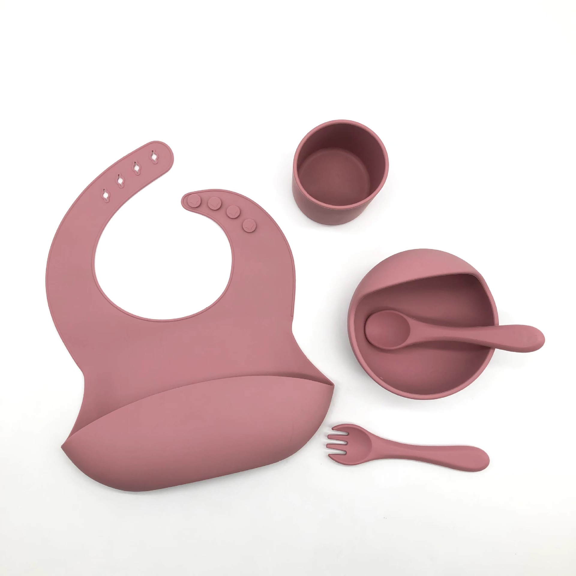 Wholesale food-grade silicone baby sets, tableware, bibs, round bowls, spoons, forks with suction cups, baby bowls Specification image