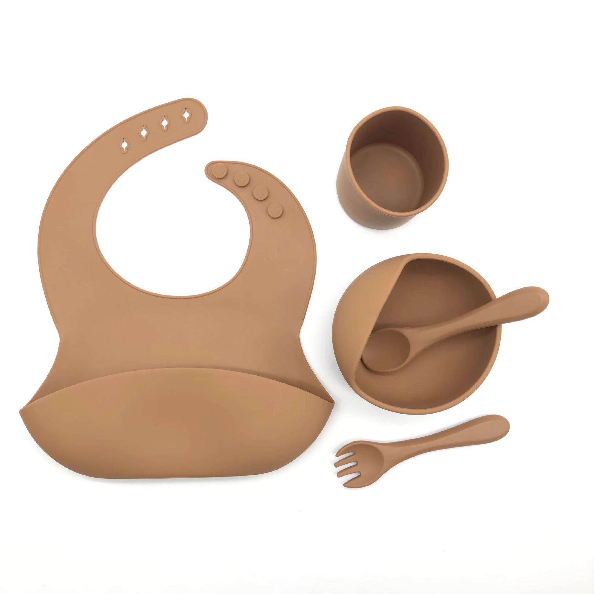 Wholesale food-grade silicone baby sets, tableware, bibs, round bowls, spoons, forks with suction cups, baby bowls details Picture