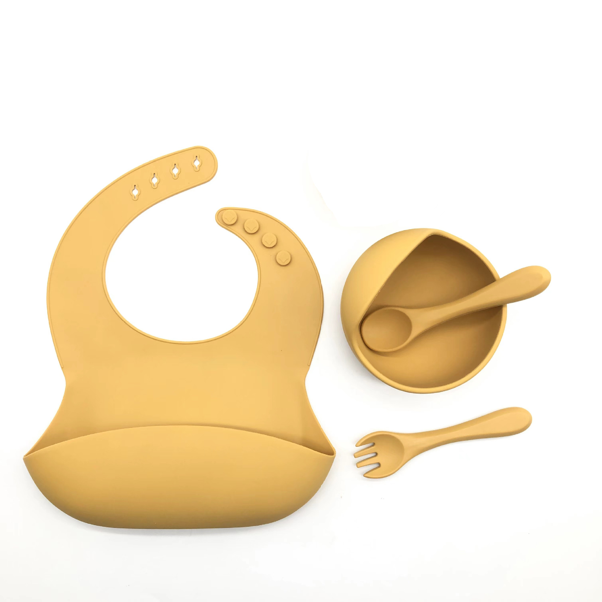 Wholesale food-grade silicone baby sets, tableware, bibs, round bowls, spoons, forks with suction cups, baby bowls Item Picture