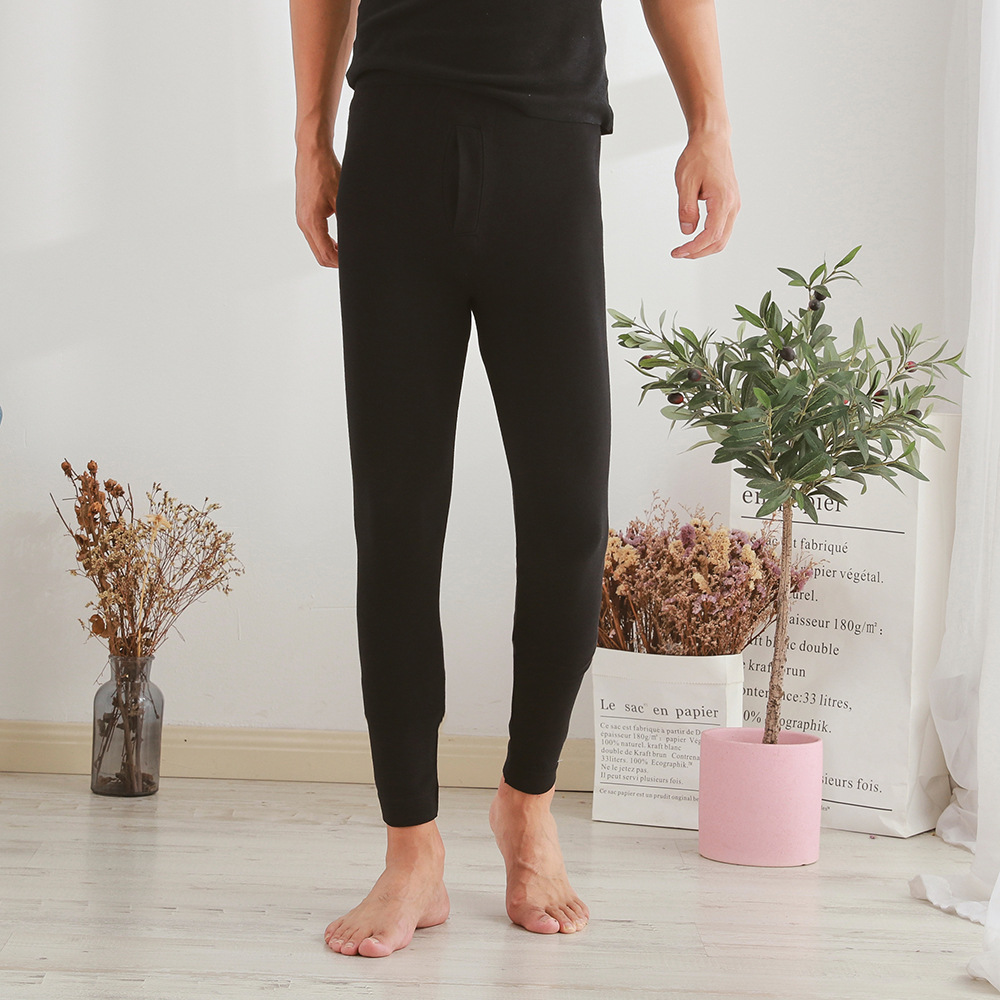Modal long Johns for men Black Large size high Stretch slim slim pants for men with front slit high waist warm pants