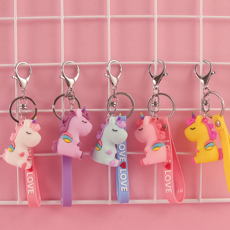 Unicorn cartoon key chain soft rubber doll key chain colorful pony car bag pendant key chain pendant