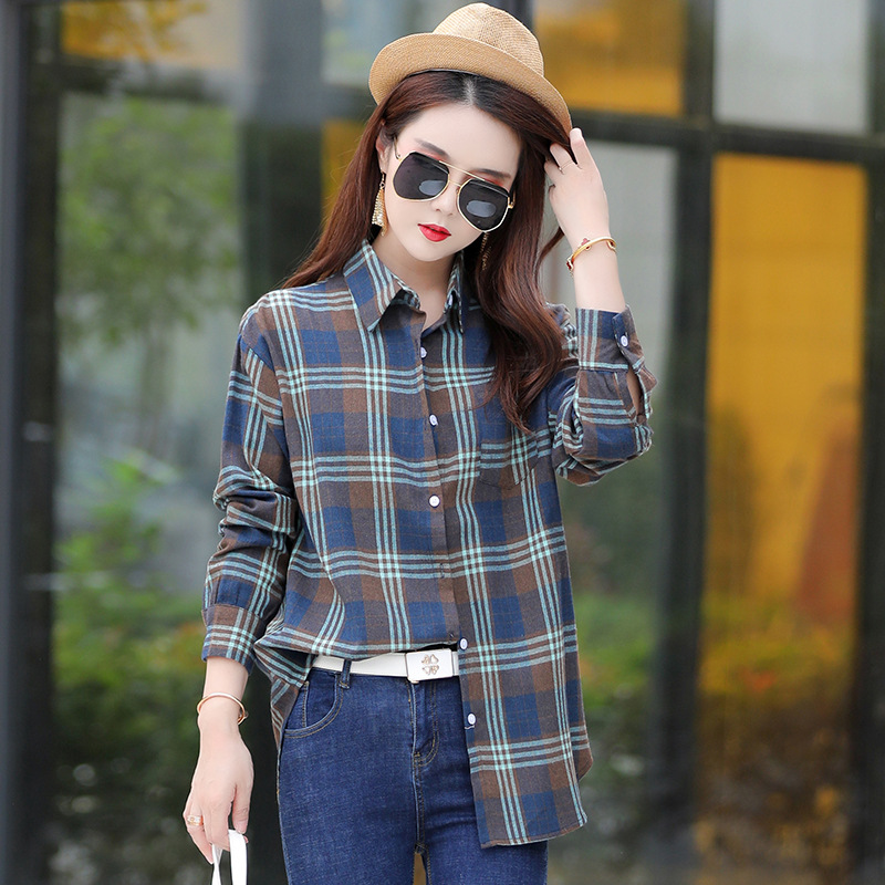 Women's long-sleeved checked shirt, new Spring and autumn cotton shirt, Korean-style slimming, versatile women's wear details Picture