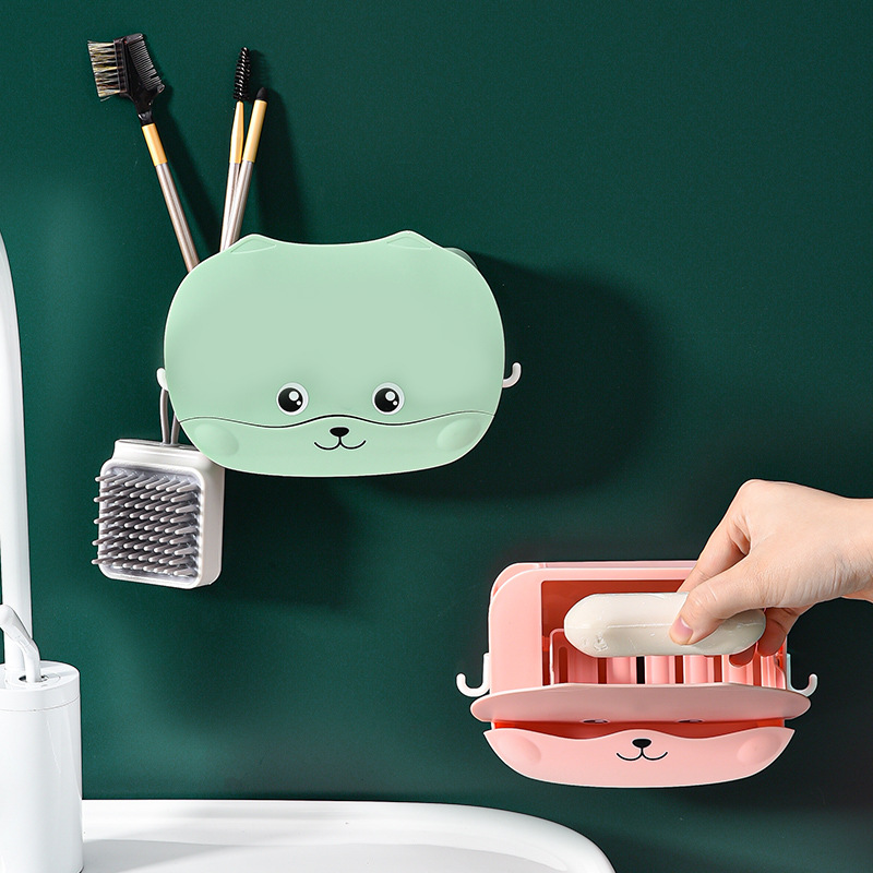 Soap box wall-mounted draining rack, no need for drilling, no water accumulation, cartoon cute flip cover for soap box storage