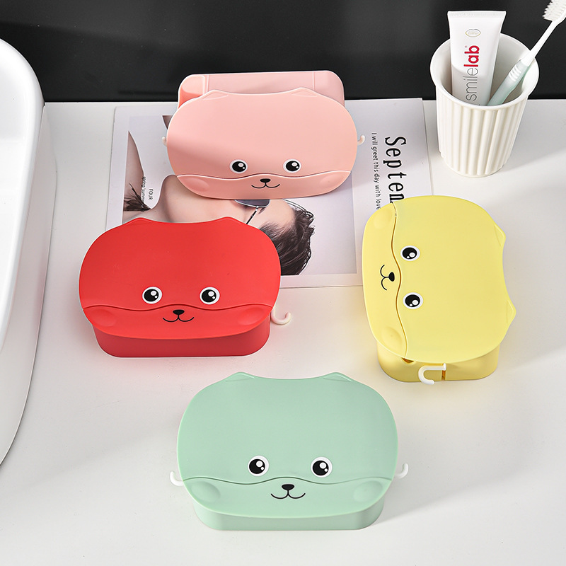 Soap box wall-mounted draining rack, no need for drilling, no water accumulation, cartoon cute flip cover for soap box storage Specification image