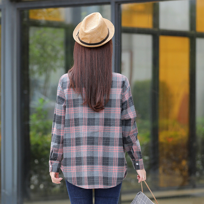 Women's long-sleeved checked shirt, new Spring and autumn cotton shirt, Korean-style slimming, versatile women's wear Item Picture