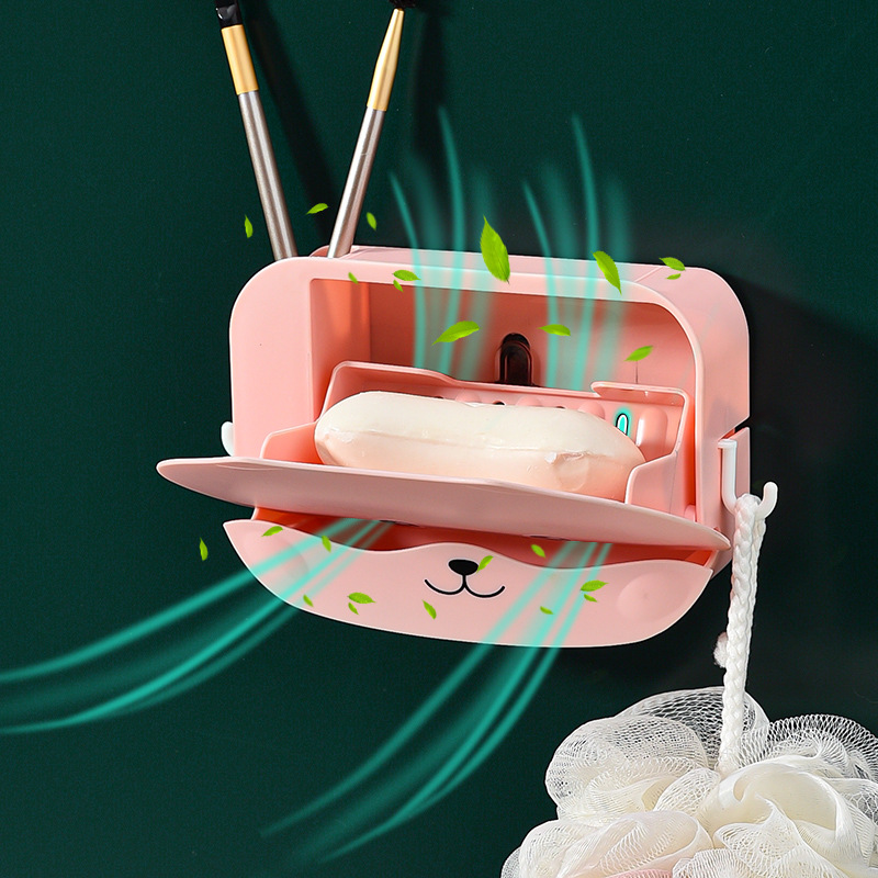 Soap box wall-mounted draining rack, no need for drilling, no water accumulation, cartoon cute flip cover for soap box storage details Picture