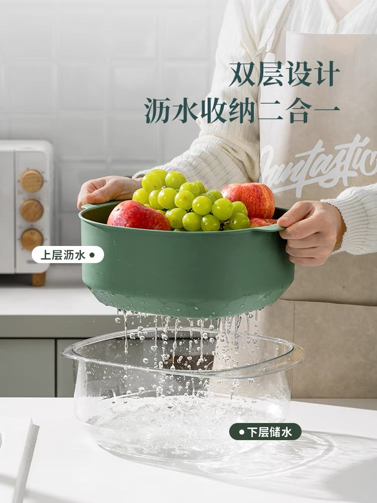 Double-layer vegetable washing basin, draining basket, kitchen household fruit and vegetable washing basin, storage basket, creative living room water filter basket, fruit plate details Picture