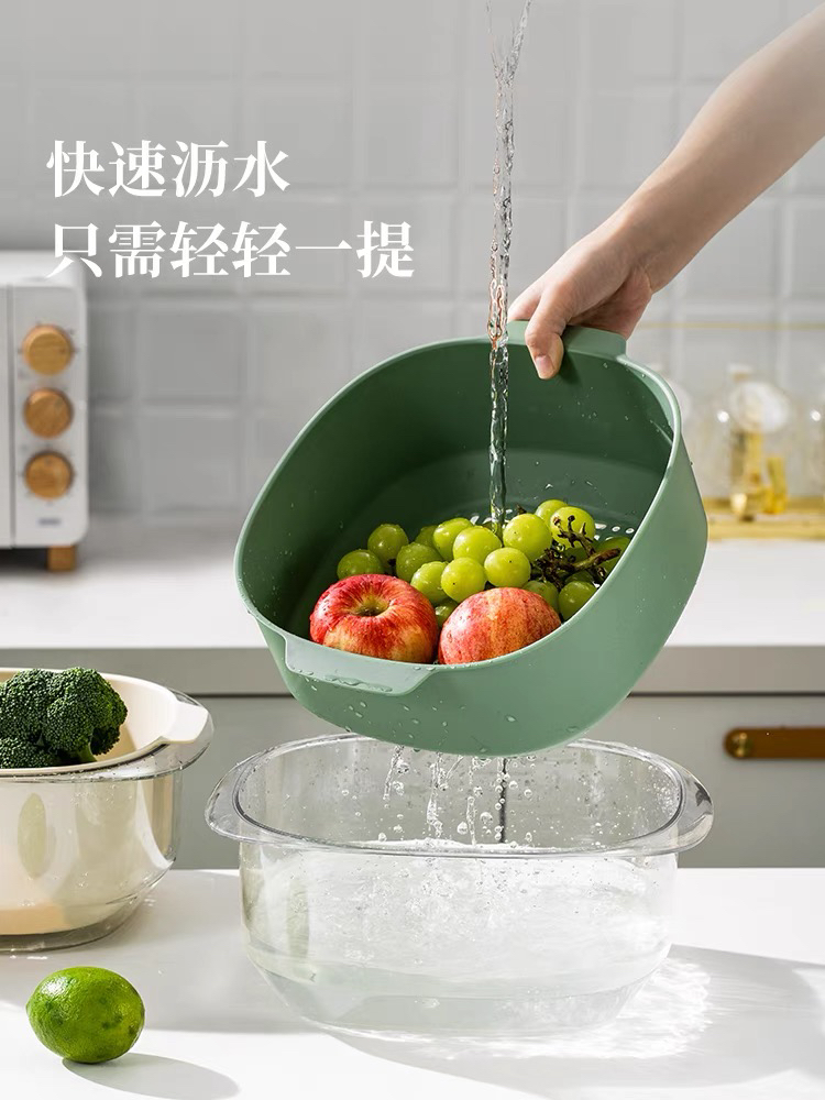 Double-layer vegetable washing basin, draining basket, kitchen household fruit and vegetable washing basin, storage basket, creative living room water filter basket, fruit plate Specification image