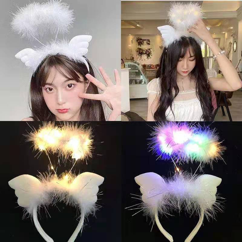 Cross border hot angel wings feather luminous hair hoop dance headwear goose feather antler LED headhoop toys wholesale