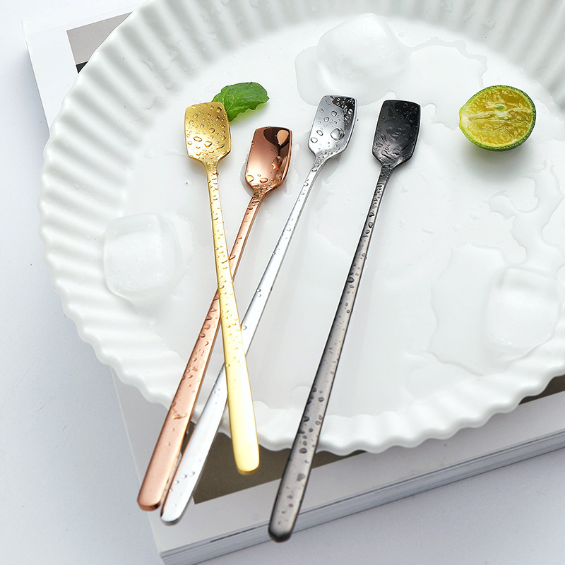 304 Stainless Steel Spoon Square Spoon Mixing Spoon Creative Long Handle Coffee Ice Spoon Honey Mug Matching Spoon