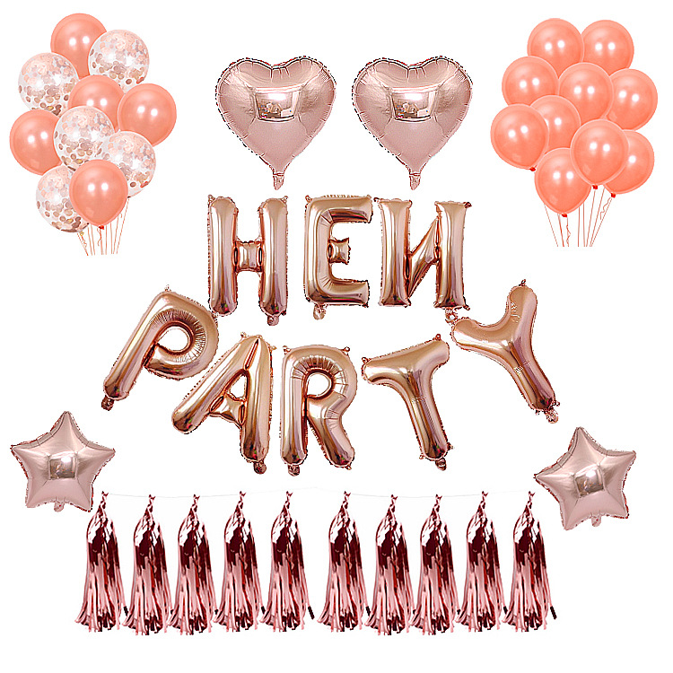 Rose gold balloon set for bachelor party venue layout