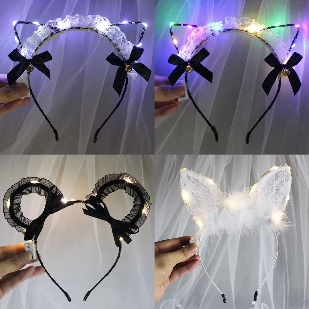 Glow bell Cat ear headband Lace feather Rabbit ear headband Mickey glow headdress cute cat headband