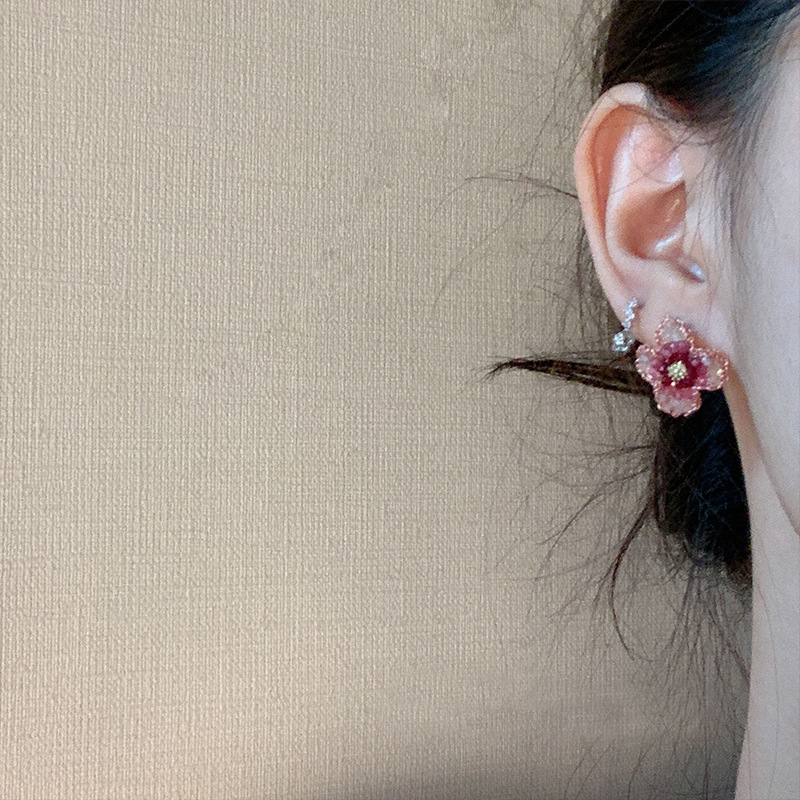 "Damsel Crimson" Handmade gradient pink purple chain flowers lovely gentle temperament earrings gravel exquisite earrings