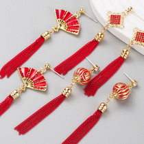 Chinese style S925 silver needle fashion alloy set with diamond, long style tassel earrings, Chinese style earrings, red earrings
