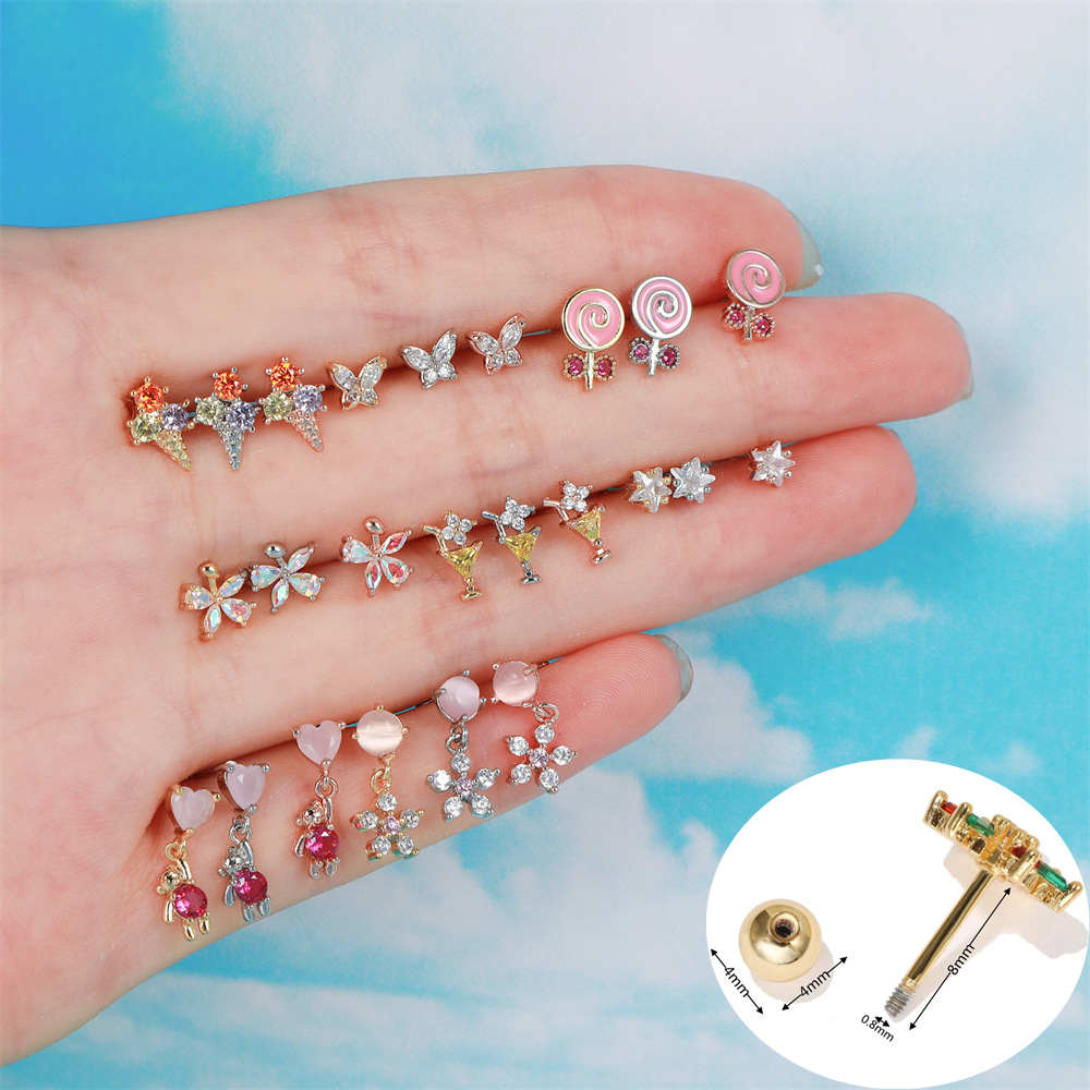 INS Wind pink candy earbone nail Lollipop ice cream earrings 18K gold lock ball screw piercing piercing nail