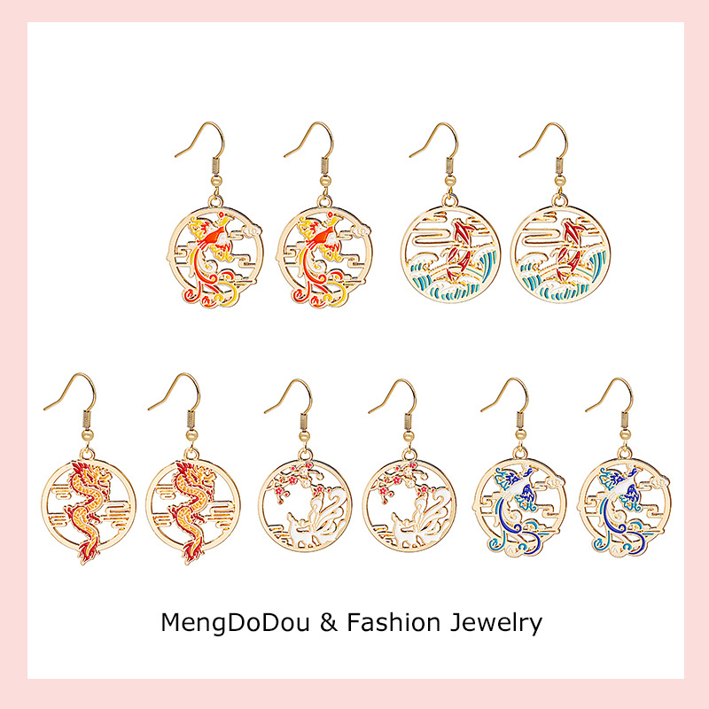 Chinese ancient style myth legend blue dragon rosefinch cartoon oil drop earrings fashion niche design ear hook female