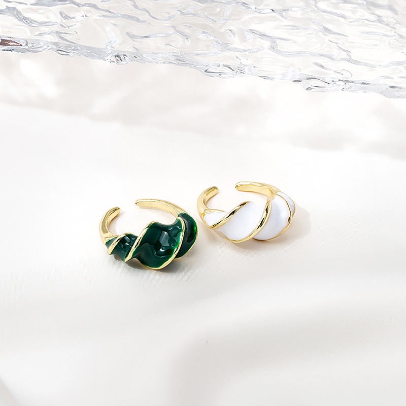 Ins retro oil painting enamel spiral female ring French irregular pattern dark green ring opening ring