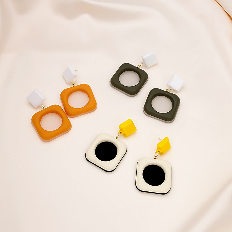 Silver needle fashion simple texture geometric square earrings candy color delicate and lovely collision color girls versatile earrings girls
