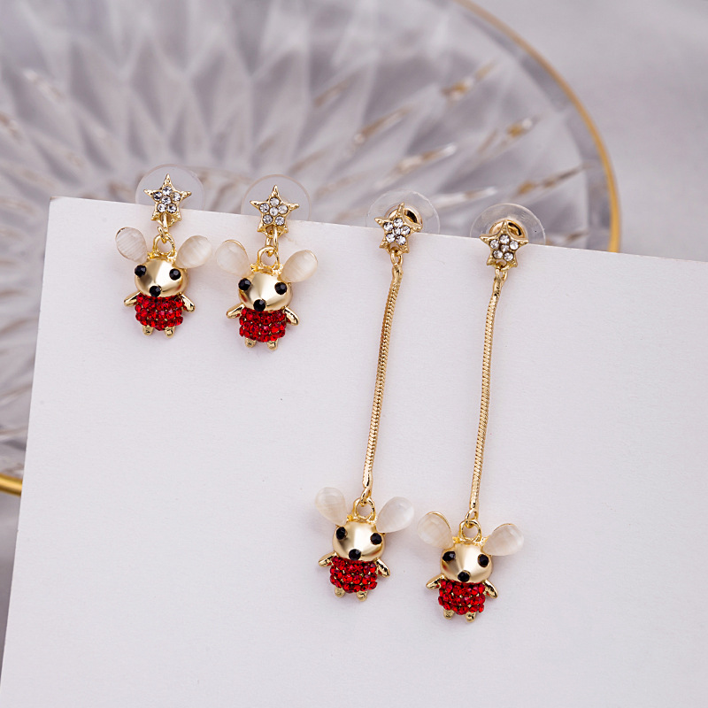 2020 New creative Year of Life Rat ear stud 925 silver needle long style set with diamond Year of Life red earrings