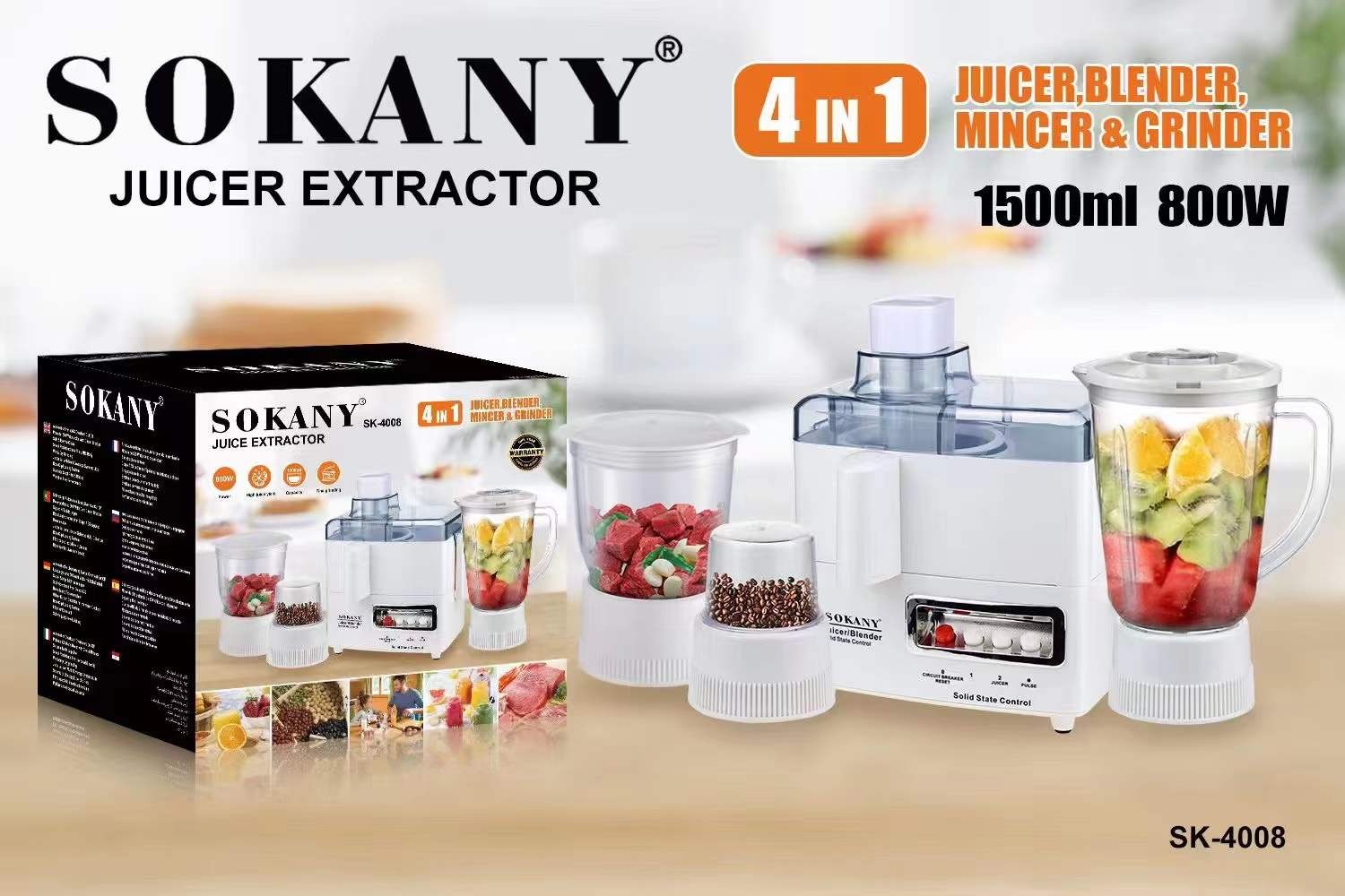 The cross-border SOKANY4008 juicer is a multi-functional device for home use, equipped with a grinding cup to grind soybean residue juice and separate fruit juice
