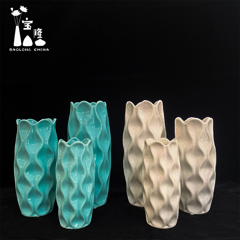 Cross-border corrugated 3-piece ceramic vase INS Modern home living room dolomite ceramic fake flower ornaments