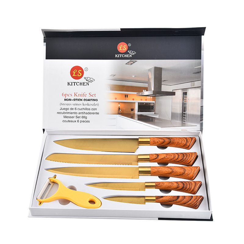 Manufacturers wholesale Yangjiang stainless steel wood handle titanium 6 pieces of household kitchen knife kitchen knife set