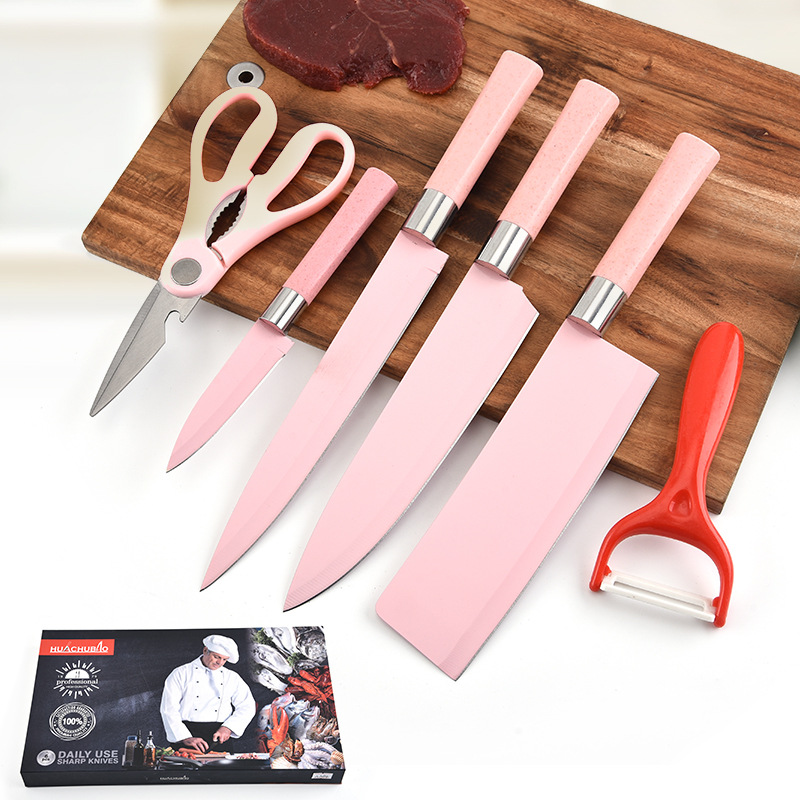 639 pink 4 knife with cutter non-stick kitchen knife set household kitchen knife set