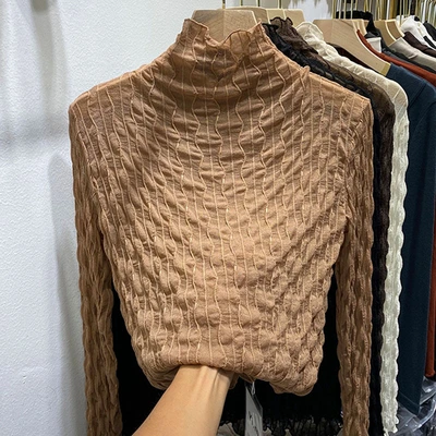 Semi-high neck pleated lace long sleeve base shirt water ripple fairy small shirt with a thin top inside the gauze thumbnail