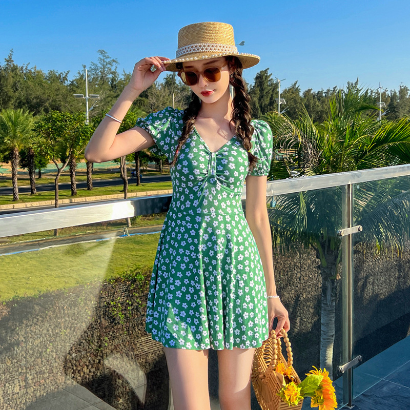Swimsuit women's dress style one-piece conservative, belly cover-up and slimming, Korean ins style short-sleeved fashionable forest-themed hot spring new swimsuit