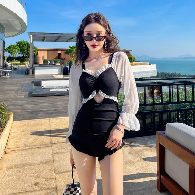泳衣女连体性感长袖仙女范温泉韩国ins风小胸聚拢森系新款游泳装