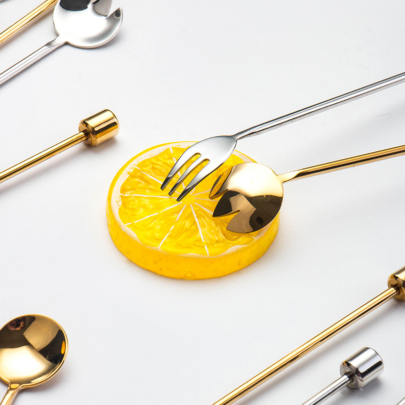 Factory Mocha Afternoon Tea Set 3D Shape 304 Stainless Steel Stir Stick Snack Coffee Spoon Fruit Fork Set Specification drawing