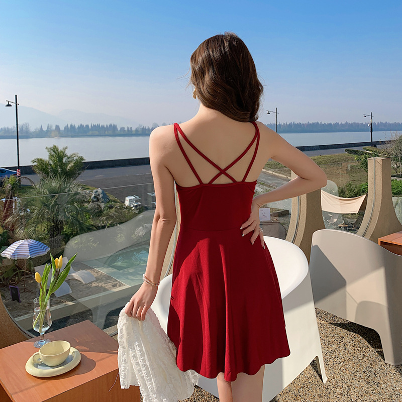 Swimsuit women's dress style one-piece conservative belly cover-up slimming, Korean ins style long-sleeved smock, fairy-like hot spring swimming outfit Specification image