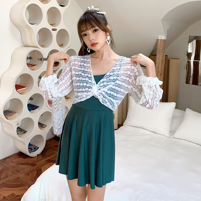 Swimsuit women's dress style one-piece conservative belly cover-up slimming, Korean ins style long-sleeved smock, fairy-like hot spring swimming outfit Item Picture