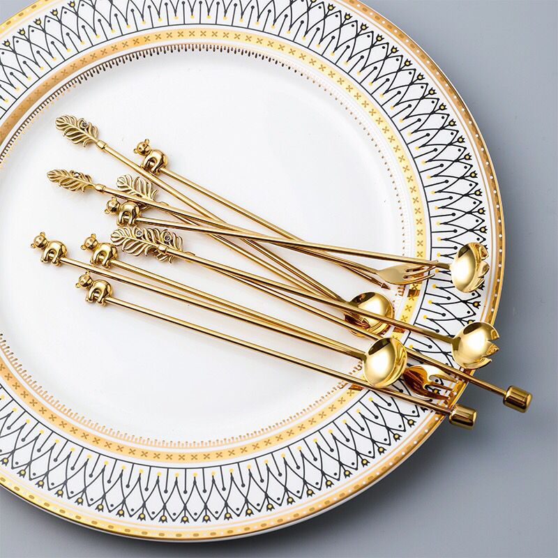 Factory Mocha Afternoon Tea Set 3D Shape 304 Stainless Steel Stir Stick Snack Coffee Spoon Fruit Fork Set