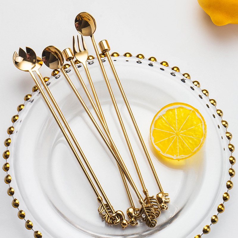 Factory Mocha Afternoon Tea Set 3D Shape 304 Stainless Steel Stir Stick Snack Coffee Spoon Fruit Fork Set Application Scenario