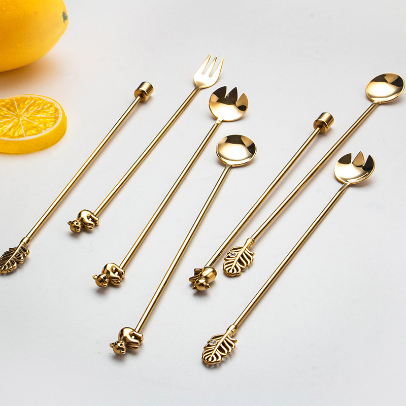Factory Mocha Afternoon Tea Set 3D Shape 304 Stainless Steel Stir Stick Snack Coffee Spoon Fruit Fork Set details Picture