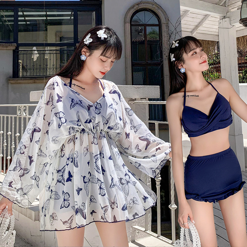 A feminine swimsuit, a bikini three-piece set, a conservative smock that covers the belly and makes one look slimmer, a fairy-like style, a steel frame, and a gathering hot spring swimsuit details Picture